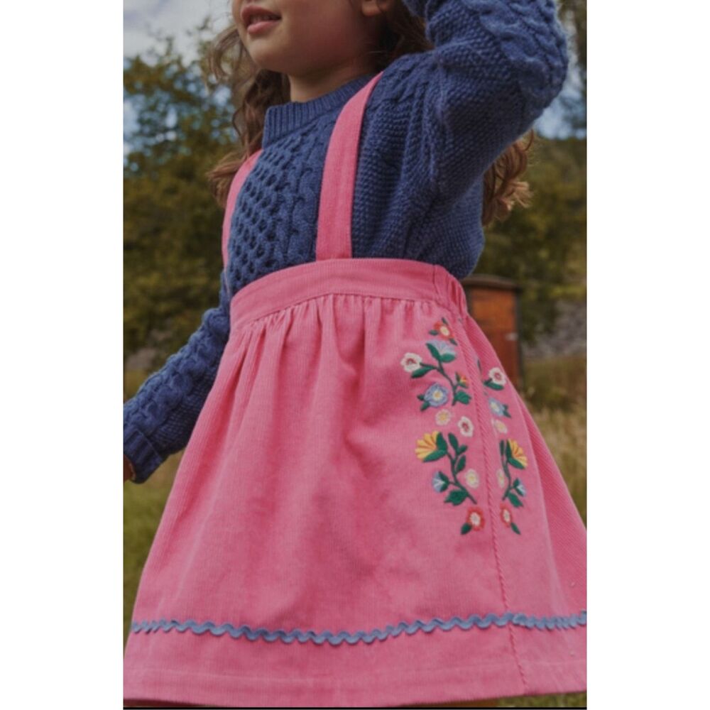 Mini Boden Pink Corduroy Floral Embroidered Pininie Dress Size 6-7Y Girls